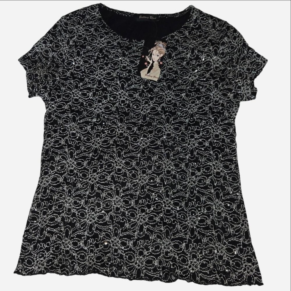 Brittany Black Short Sleeve Lace Tee - Black and White
